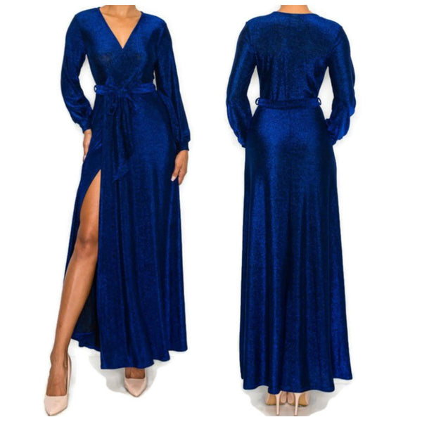 Blue Black Metallic Bell Long Sleeve Evening Formal Faux Wrap Maxi Dress