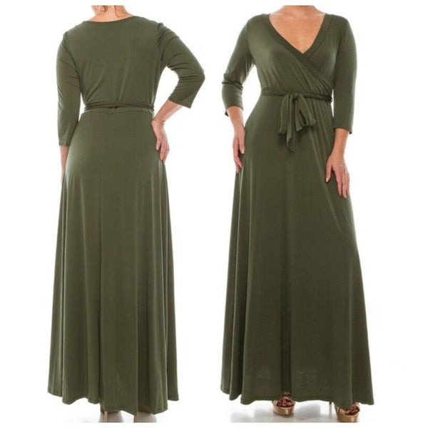 Olive Green Solid Faux Wrap 3/4 Sleeve Maxi Dress