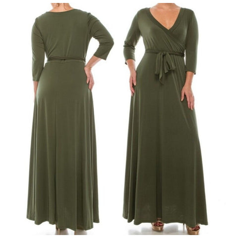 Olive Green Solid Faux Wrap 3/4 Sleeve Maxi Dress