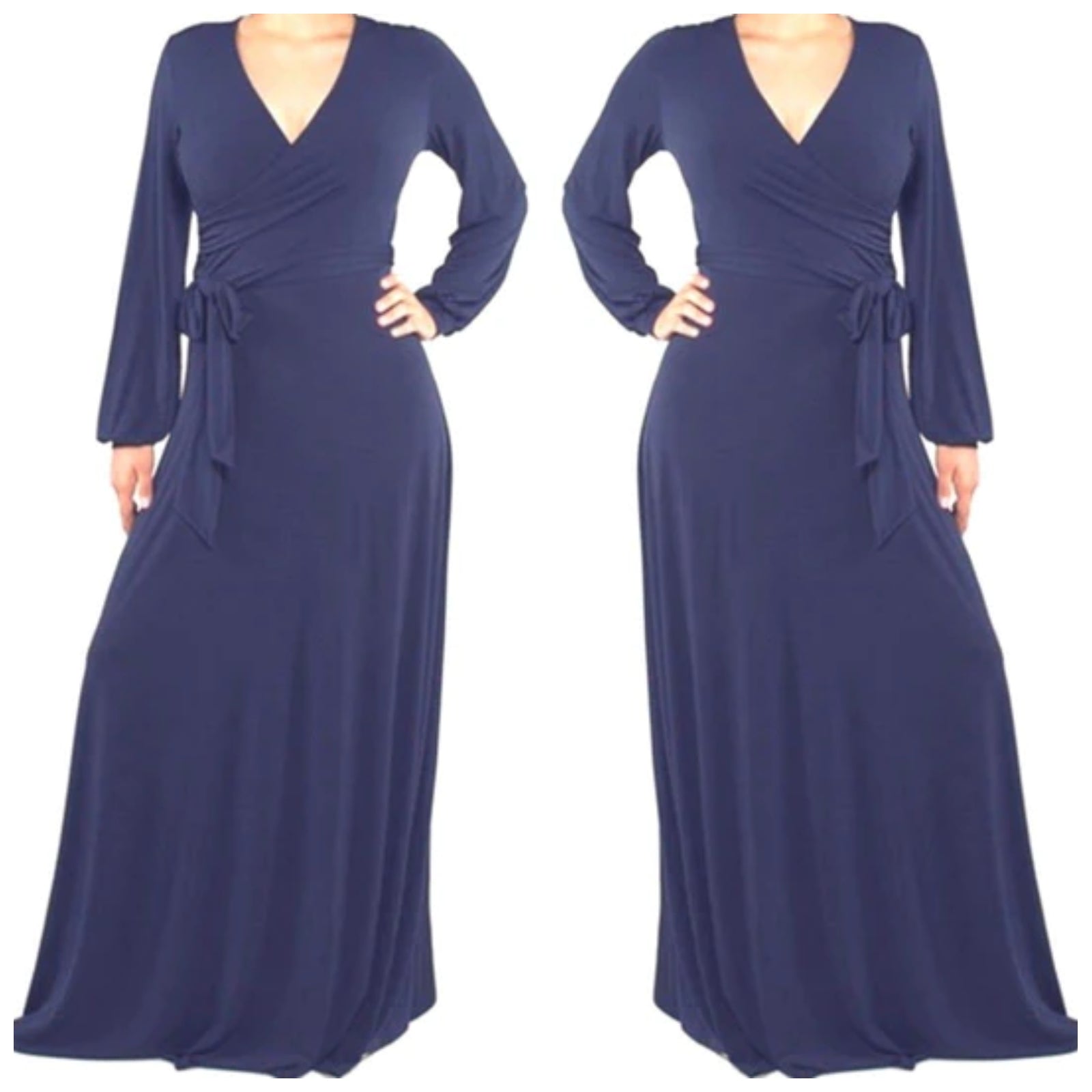 Navy Solid Faux Wrap Cuff Sleeve Maxi Dress