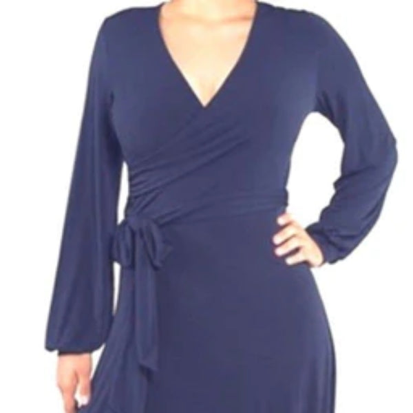 Navy Solid Faux Wrap Cuff Sleeve Maxi Dress