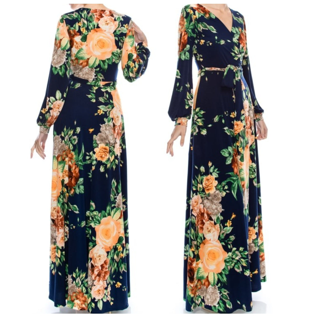 Navy Orange Floral V-neck Bell Long Sleeve Evening Formal Faux Wrap Maxi Dress