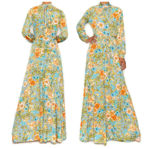 Vintage Denim Blue Peach Floral Cuff Long Sleeve Modest Maxi Dress