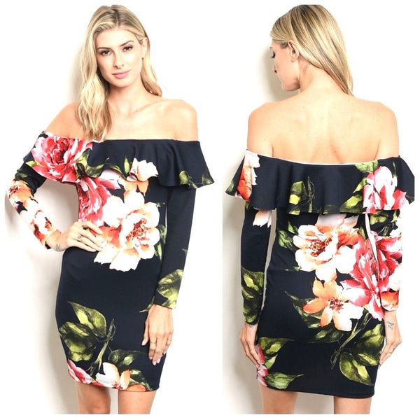 Watercolor Floral Off-Shoulder Bodycon Midi Cocktail Black Dress