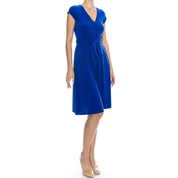 Royal Blue Solid Faux Wrap Knee Length Cap Sleeve Dress