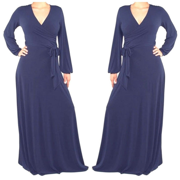 Navy Solid Faux Wrap Cuff Sleeve Maxi Dress