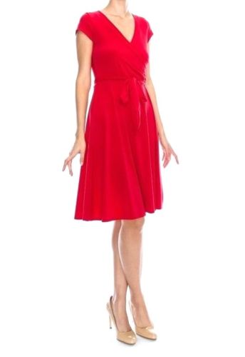 Red Solid Faux Wrap Knee Length Cap Sleeve Dress