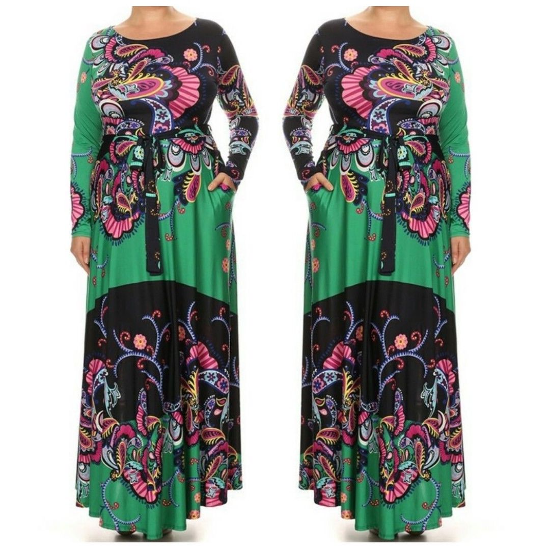 Green Plussize Flare Flowing Silhouette Floral Casual Maxi Dress