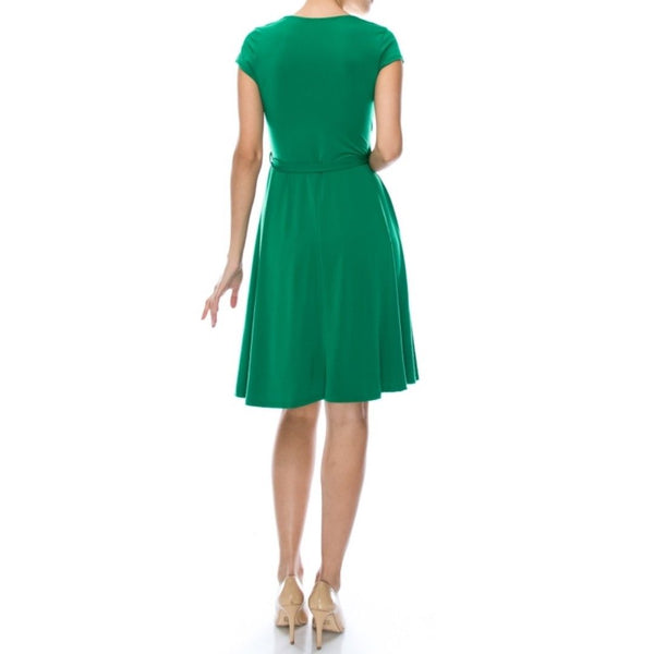 Kelly Green Solid Faux Wrap Knee Length Cap Sleeve Dress