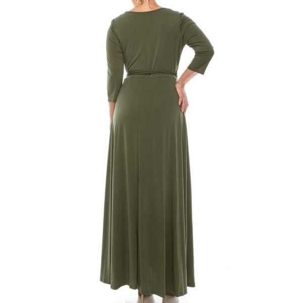 Olive Green Solid Faux Wrap 3/4 Sleeve Maxi Dress