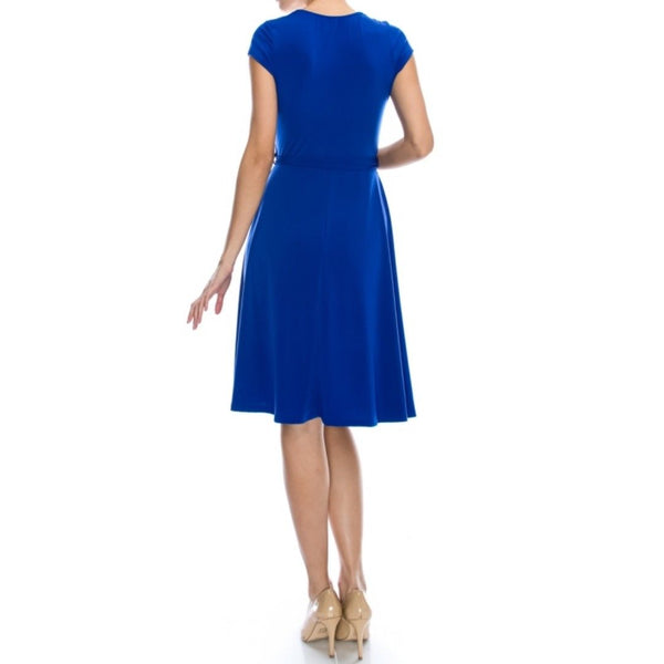 Royal Blue Solid Faux Wrap Knee Length Cap Sleeve Dress