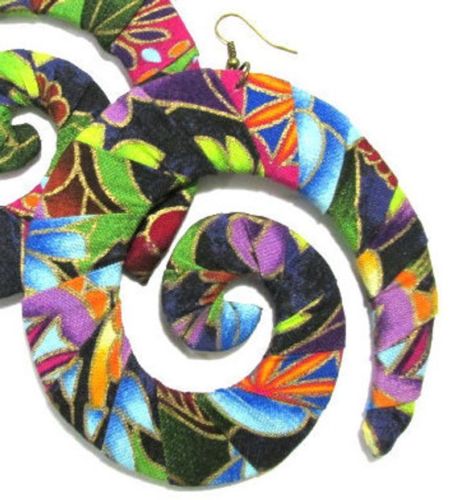 Floral Fabric Wrapped Swirl Handmade Multi Statement Dangle Wood Earrings