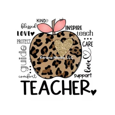 Ready To Press DTF Transfer TEACHER Inspire Apple Leopard Gold Glitter Heart