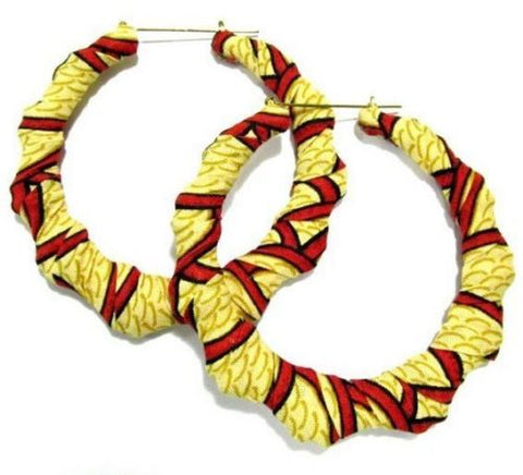 OOAK Red Multi Fabric Wrapped Bamboo Handmade Hoop Earrings