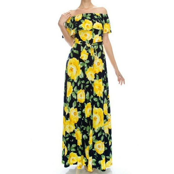 Navy Blue Yellow Floral Off Shoulder Long Maxi Dress