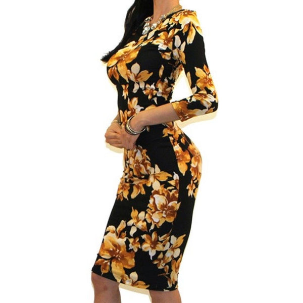 Black Yellow Floral Sexy 3/4 Sleeve Bodycon Party Cocktail Dress