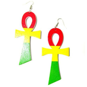 Ankh Rasta Statement Wood Dangle Drop Earrings (Red Top)