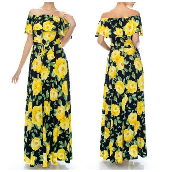 Navy Blue Yellow Floral Off Shoulder Long Maxi Dress