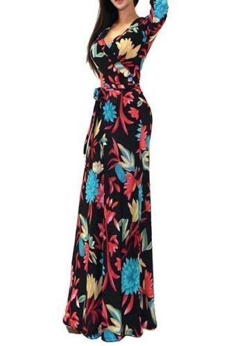 Got Style Floral Multi Color Faux Wrap 3/4 Sleeve Casual Maxi Dress