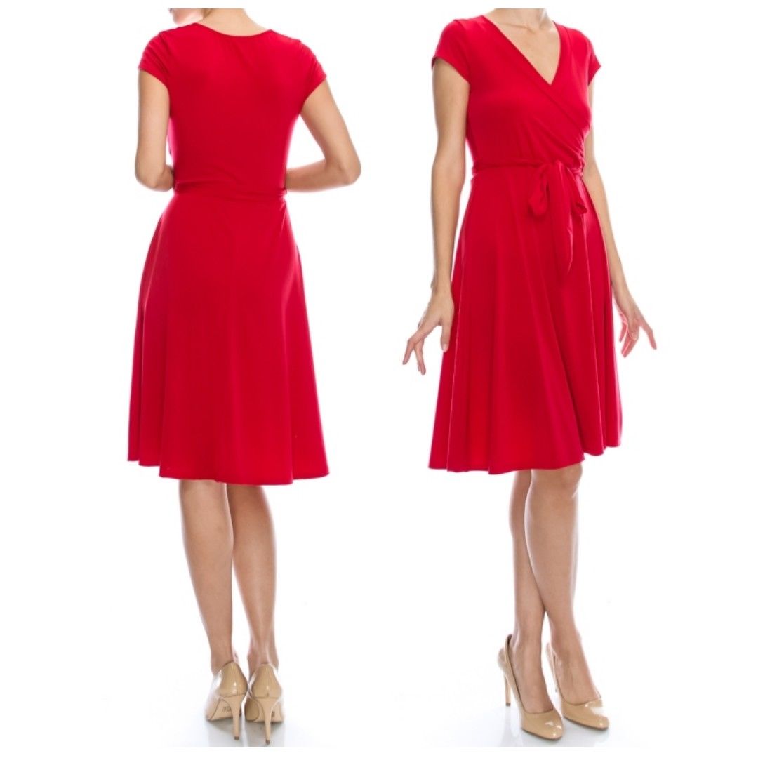 Red Solid Faux Wrap Knee Length Cap Sleeve Dress