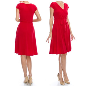 Red Solid Faux Wrap Knee Length Cap Sleeve Dress