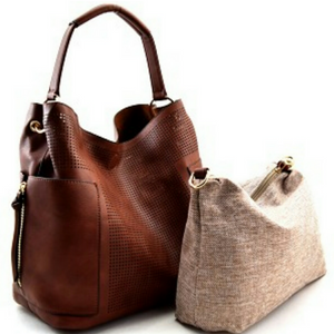 Le Miel Brown Laser Cut Detail Hobo Handbag Set