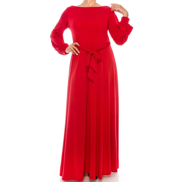 Red Solid Bell Long Sleeve Plussize Maxi Dress