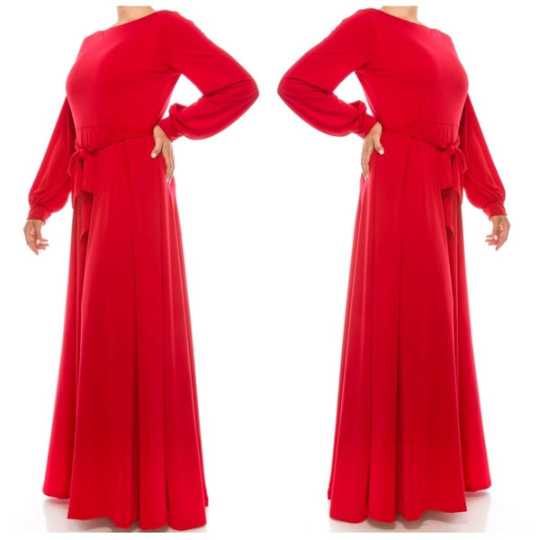 Red Solid Bell Long Sleeve Plussize Maxi Dress