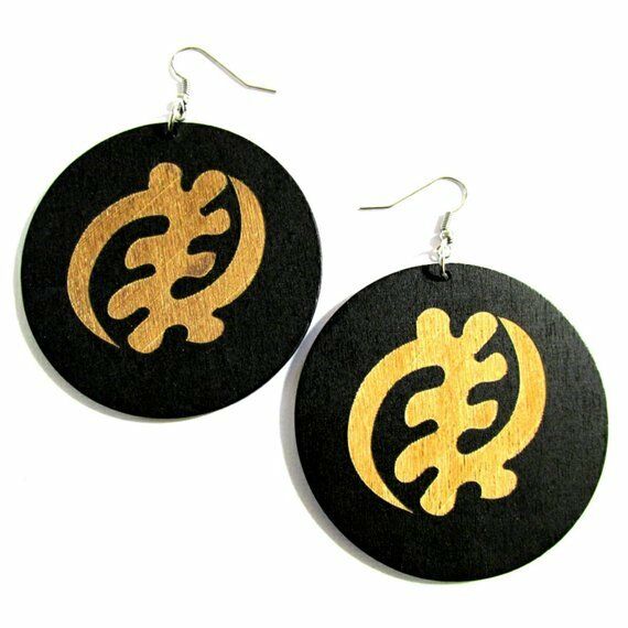 GYE NYAME Statement Dangle Engraved Wood Earrings