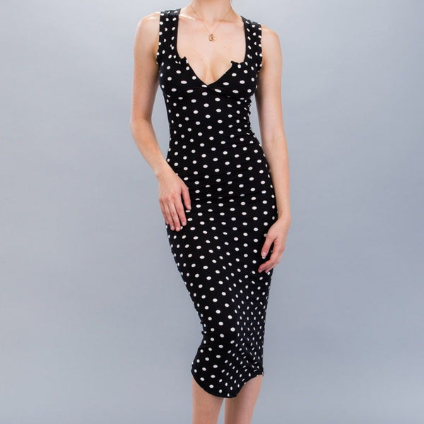 Capella Black White Polka Dot Basic Bodycon Sleeveless Racerback Dress