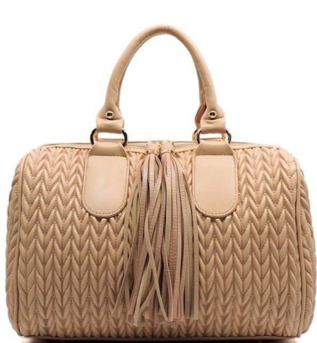 Brown Quilted Tassel Accent Boston Satchel Crossbody Handbag