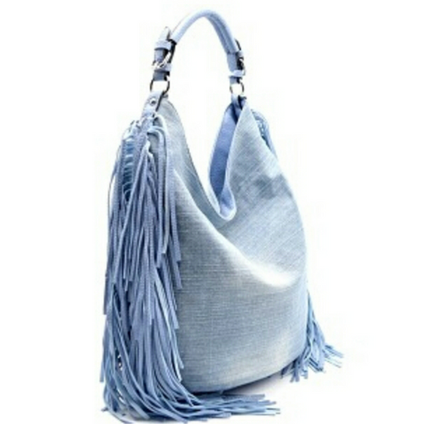 Denim Hobo Fringe Handbag with Crossbody Strap