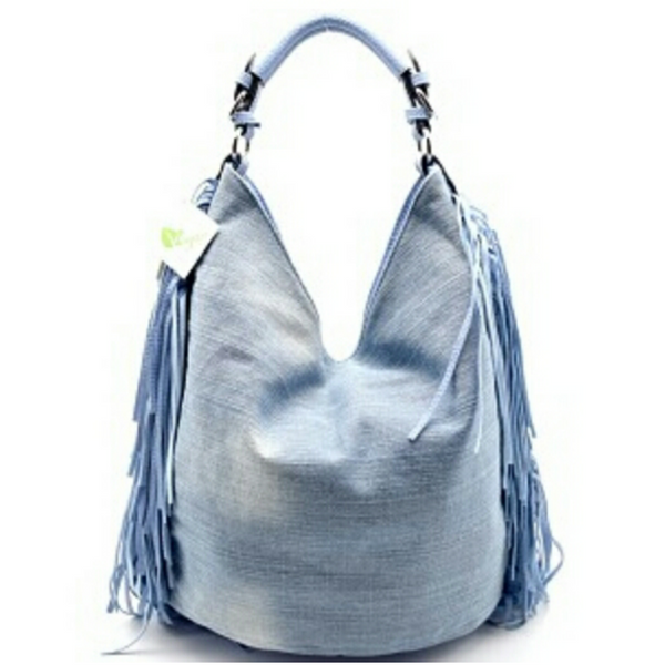 Denim Hobo Fringe Handbag with Crossbody Strap