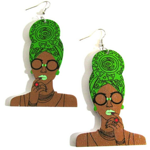 Queen Lime Turban Statement Dangle Wood Earrings