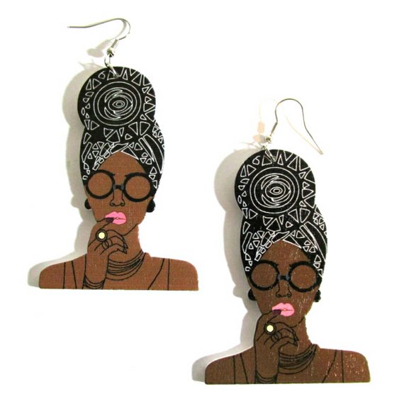 Queen Black Turban Statement Dangle Wood Earrings