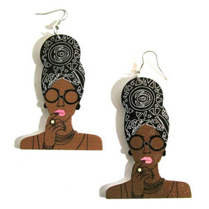 Queen Black Turban Statement Dangle Wood Earrings