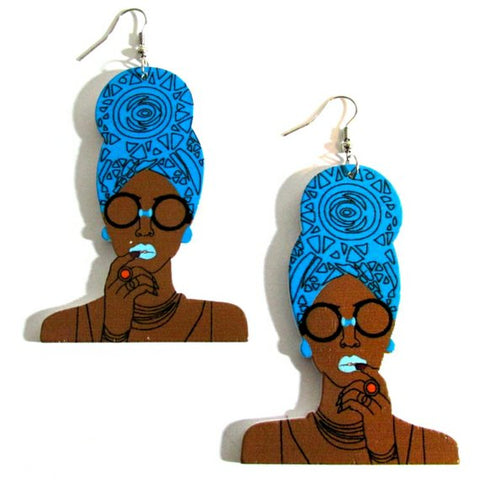 Queen Blue Turban Statement Dangle Wood Earrings