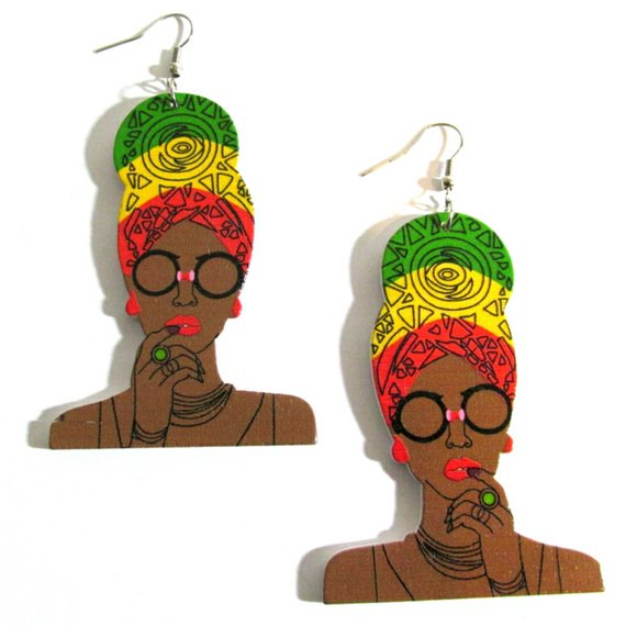 Queen Rasta Turban Statement Dangle Wood Earrings