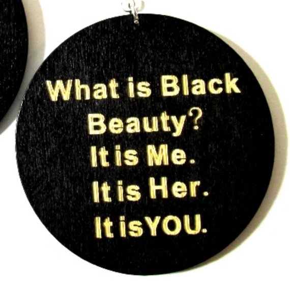 What is Black Beauty ME HER YOU Statement Dangle Engraved Wood Earrings