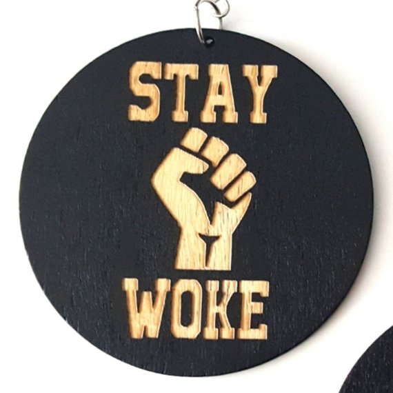 STAY WOKE Power Fist Statement Dangle Engraved Wood Earrings