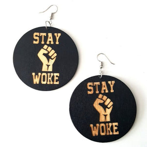 STAY WOKE Power Fist Statement Dangle Engraved Wood Earrings