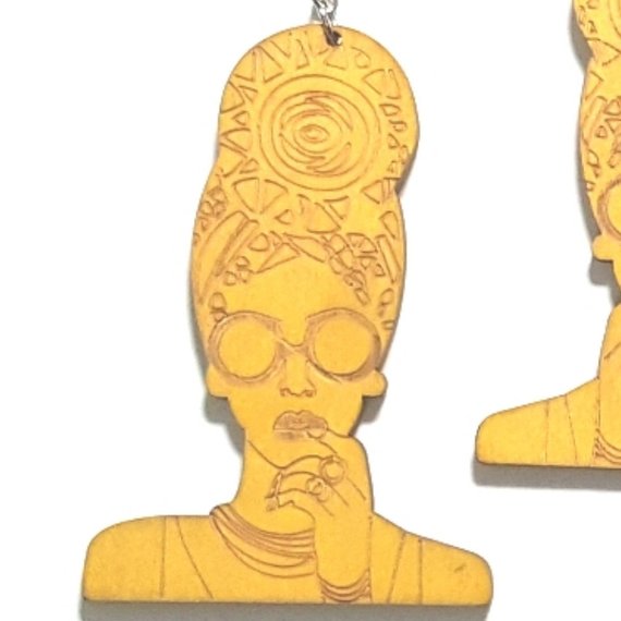 She A Goddess Turban Statement Dangle Wood Yellow Earrings