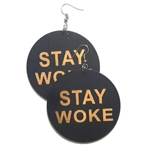 STAY WOKE Statement Dangle Engraved Wood Earrings