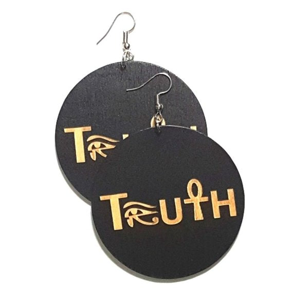 TRUTH Symbol of Life Statement Dangle Engraved Wood Earrings