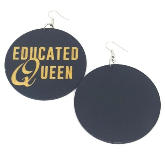 Educated Queen Statement Dangle Engraved Wood Earrings