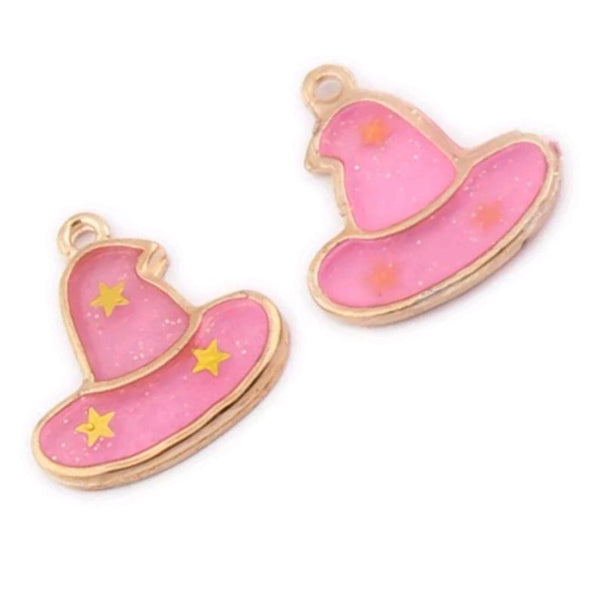 Halloween Witch Wizard Hat Pink Gold Charms