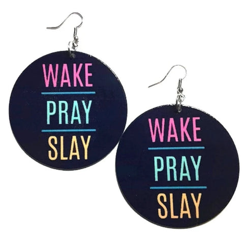 WAKE PRAY SLAY Statement Dangle Wood Earrings