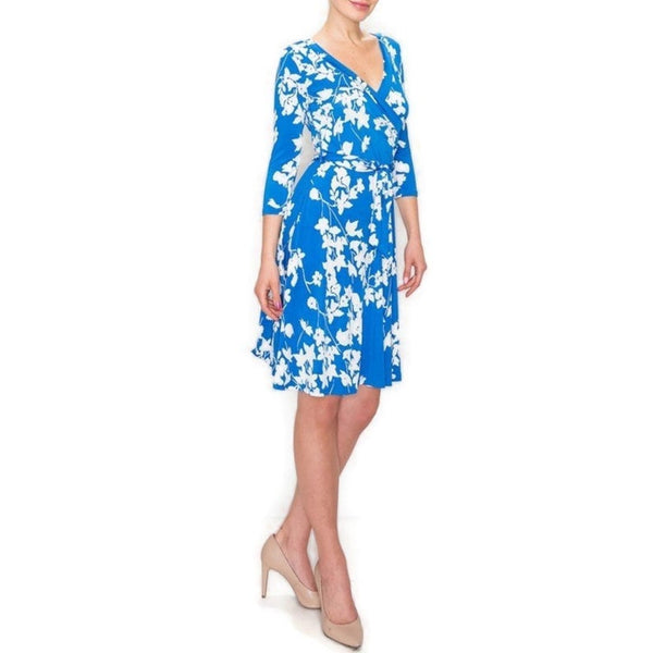 Blue White Floral Faux Wrap Knee Length Dress