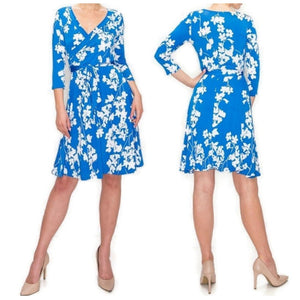 Blue White Floral Faux Wrap Knee Length Dress