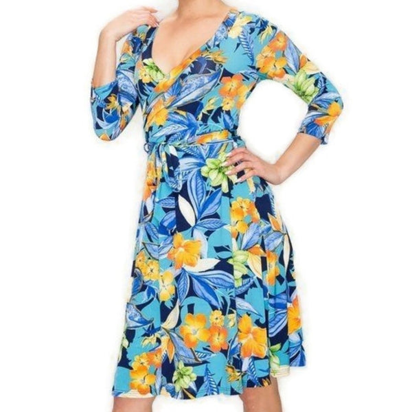 Sea Blue Floral Faux Wrap Knee Length Dress